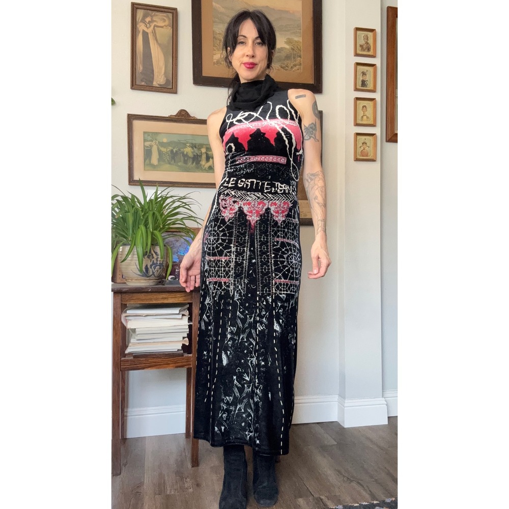 Le Gatte Jeans Vintage 90s Y2K Black Velvet Maxi Dress Open Back Sleeveless